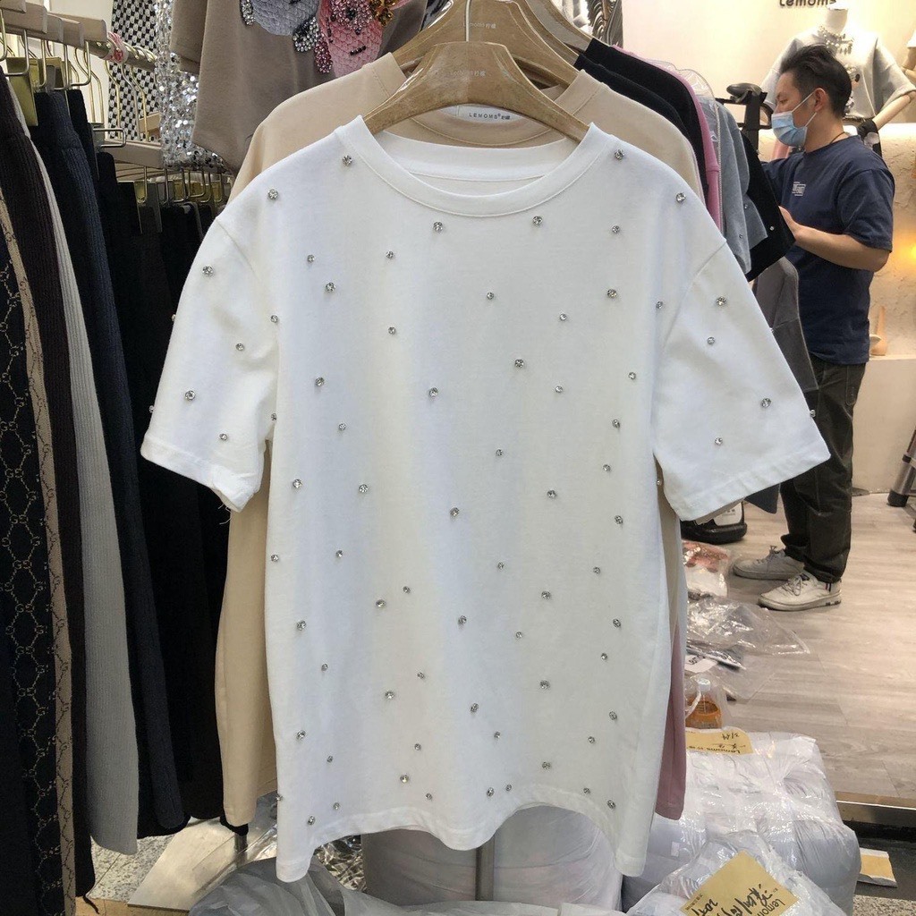 Áo Thun Đính Đá To Kín Thân ❤ Áo Phông Cotton Khô Chất Dày Dặn NA115