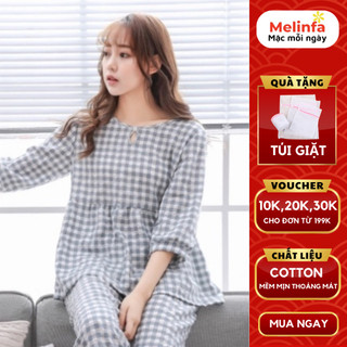 Bộ đồ ngủ nữ quần dài vải bông Cotton tự nhiên mềm mại thoáng mát, bộ Pyjamas mặc nhà mã VABD0197