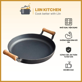 Chảo Gang Happiness 2 Quai Gỗ Chống Nóng, Chống Dính Tự Nhiên, Chảo Gang Đúc Nguyên Khối LIIN KITCHEN