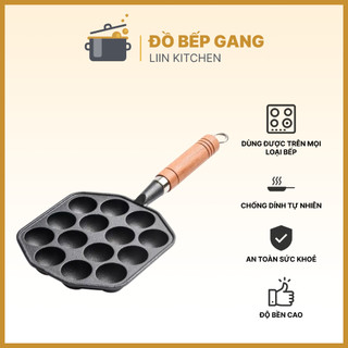  Chảo gang làm bánh bạch tuộc Takoyaki khuôn làm bánh khọt chảo gang lỗ tay cầm dùng trên bếp từ LIINKITCHEN 