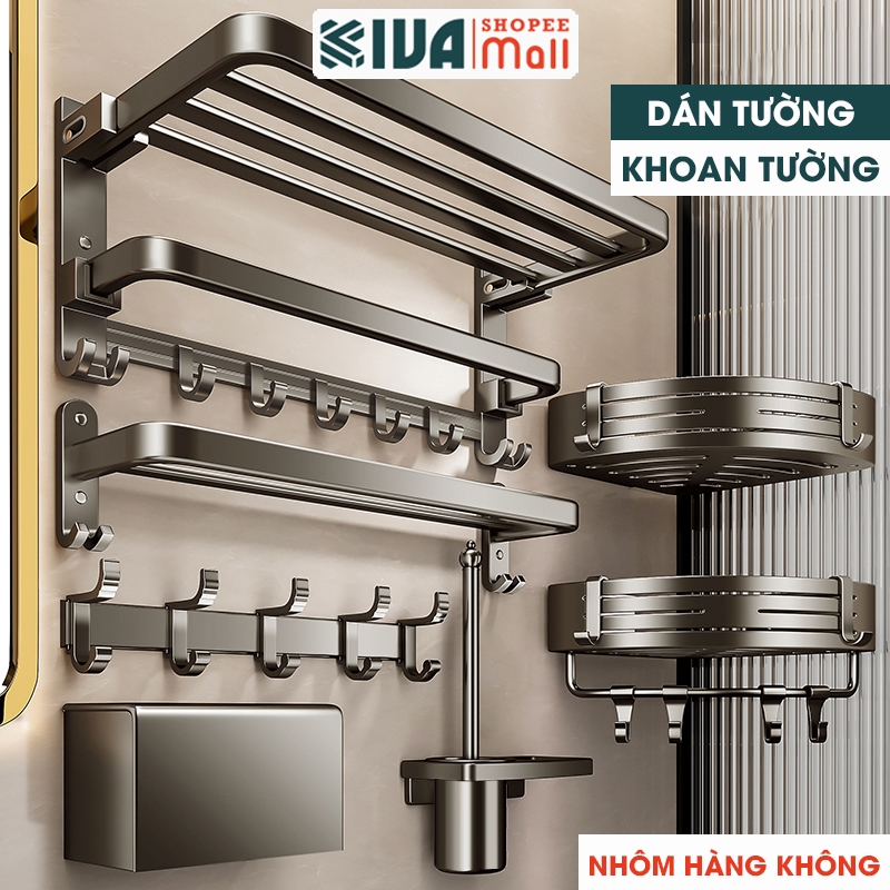 Kệ phòng tắm KIVA để đồ dán tường màu xám, khoan tường chất liệu nhôm hàng không, bộ sưu tập kệ nhà tắm 2024.