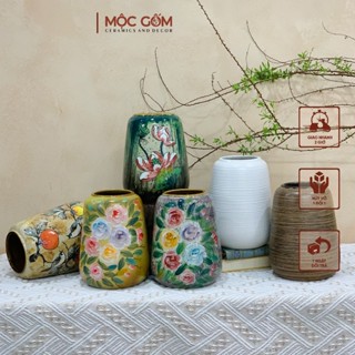  Bình hoa gốm Bát Tràng dáng đu đủ cao 18cm phù hợp cắm hoa cỡ vừa và nhỏ để bàn làm việc 