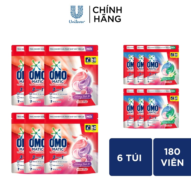 Combo 6 túi viên giặt tiện lợi OMO 3 trong 1 30 viên túi