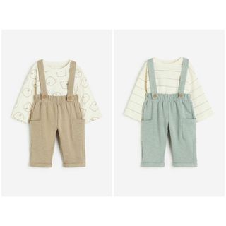 Set quần áo yếm dài tay  xanh nâu HM H&M_hàng chính hãng authentic