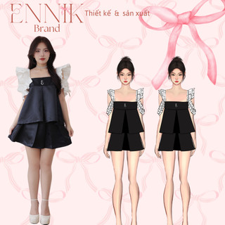 Yến Vân Dress - Đầm đen phối bèo tay trắng Ennik