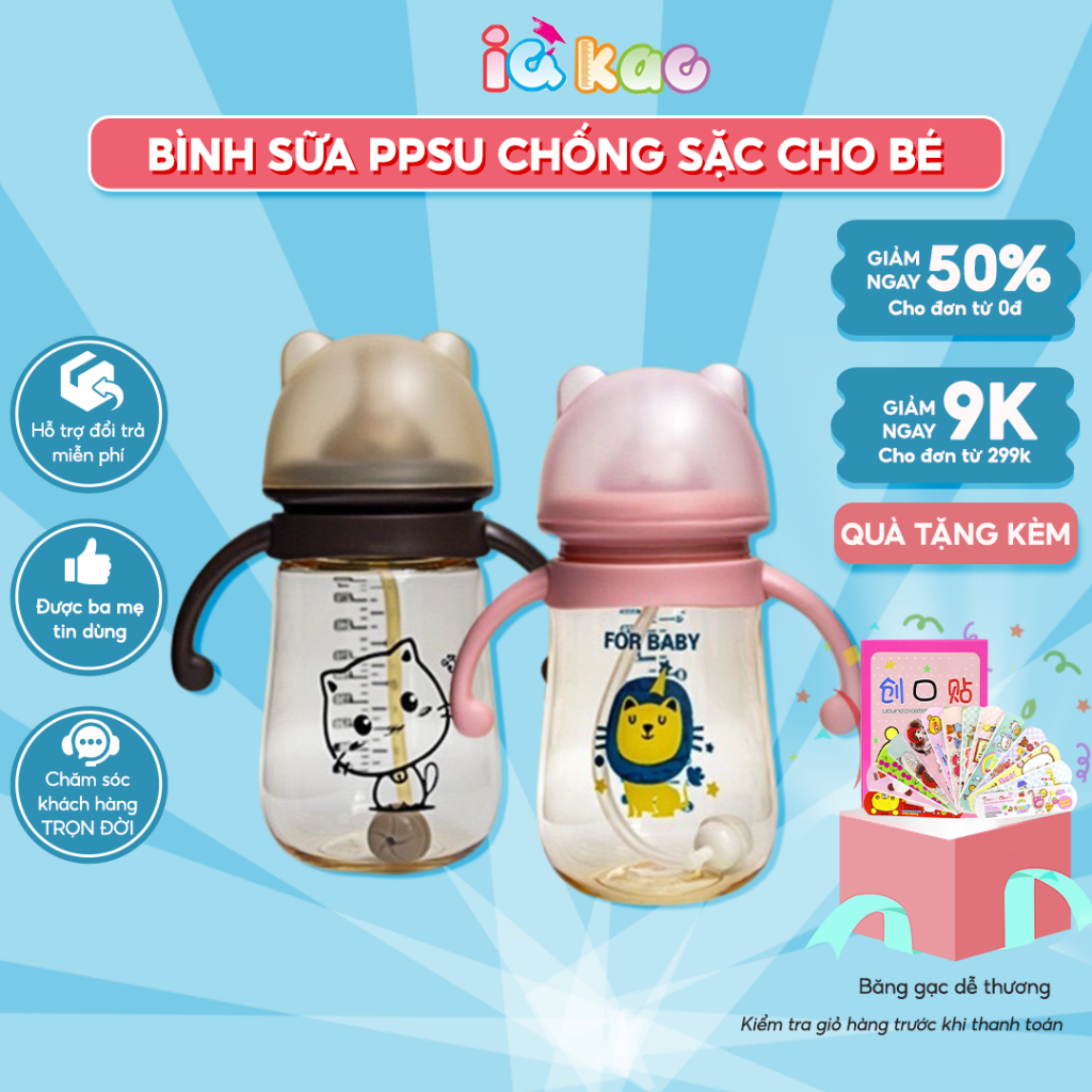 Bình sữa chống sặc cho bé IQ Kao Nhựa PPSU An toàn tuyệt đối 300ml kèm tay cầm cho bé trên 6 tháng uống sữa