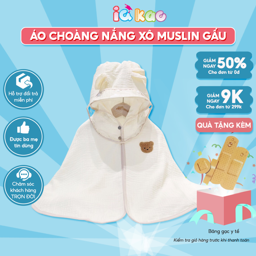 Áo Choàng Đa năng Tránh Gió Đi Tiêm Cho Bé IQ Kao - Áo Chống nắng Chất liệu Vải Xô Muslin Đính Gấu ngộ nghĩnh