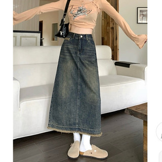 Chân váy bò tua rua dáng dài màu xanh nhạt , chân váy denim dáng dài snupi