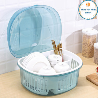 kệ úp bát đĩa có nắp đậy đa năng, trạn để bát nhựa cao cấp có ống cắm đũa 0018