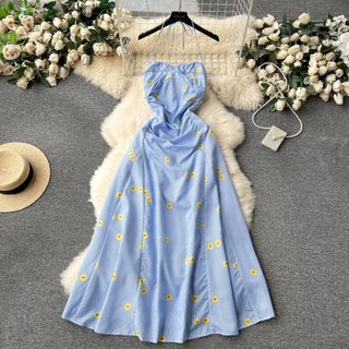 #4601 [Order] Đầm Quảng Châu màu xanh họa tiết hoa có lót trong cột dây siêu xinh