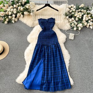 #4599 [Order] Đầm Quảng Châu hai dây màu xanh kẻ bo phần trên xẻ tà siêu xinh