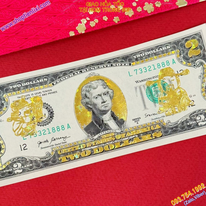 2 USD Thần Tài Mạ Vàng 24K - Tiền Sưu Tầm Phong Thủy
