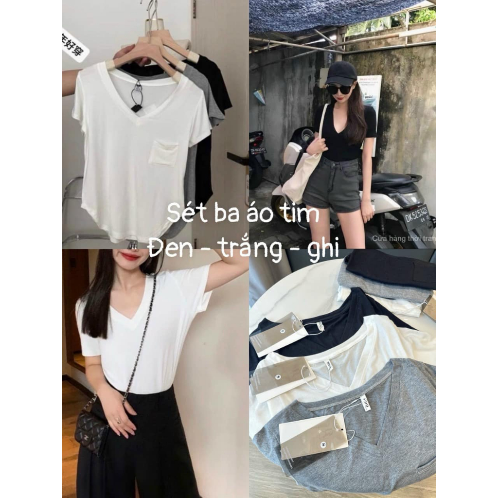 SET 3 ÁO CỔ TIM ĐEN TRẮNG GHI