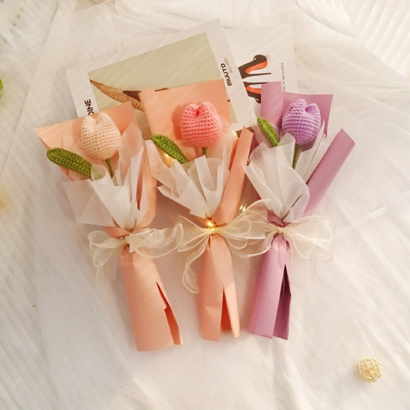 Hoa len handmade màu pastel hình hoa tulip