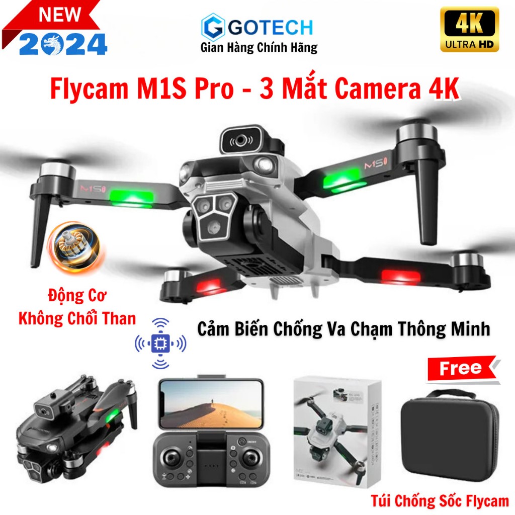 Flycam mini M1s - Play cam máy bay điều khiển từ xa bộ 3 camera 4k, Động cơ không chổi than, cảm biến tránh vật cản