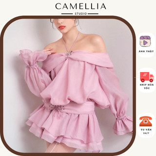 CAROLINE DRESS váy trễ vai phối tag trái tim chân xòe điệu đà by The Camellia Studio