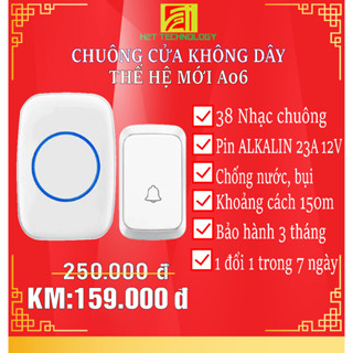 Chuông cửa không dây thế hệ mới A06 Chống Nước IP44,38 nhạc chuông, 5 mức âm lượng, khoảng Cách 300m