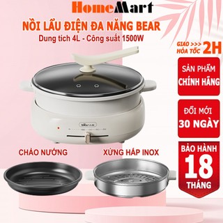 Nồi lẩu điện đa năng Bear 4L 1500W, nồi lẩu nướng đa năng 3in1 lẩu, nướng, hấp – Hàng chính hãng