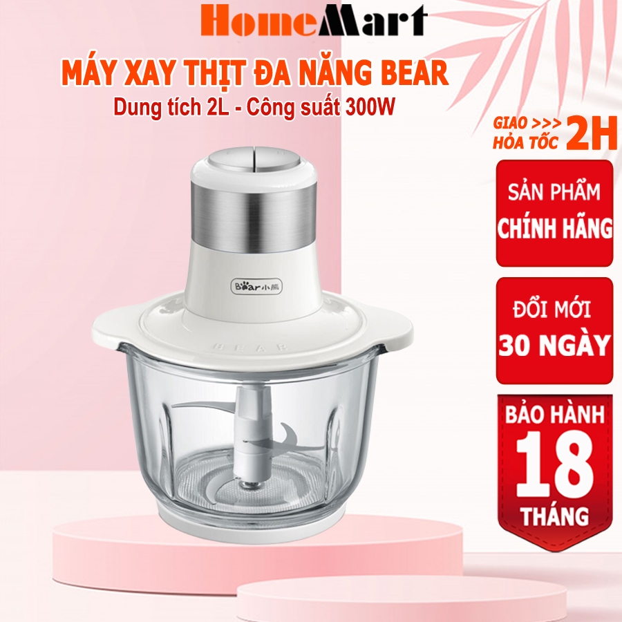 Máy xay thịt đa năng 2L Bear, cối thủy tinh, dao 4 lưỡi, xay thịt, cua, cá, rau củ – Hàng chính hãng