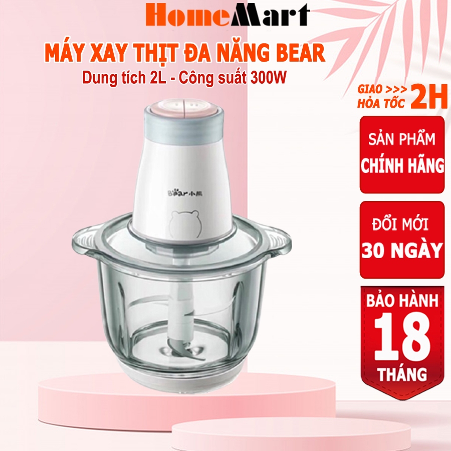 Máy xay thịt đa năng Bear, cối thủy tinh 2L 300W, dao 4 lưỡi thép không gỉ, HomeMart–Hàng chính hãng