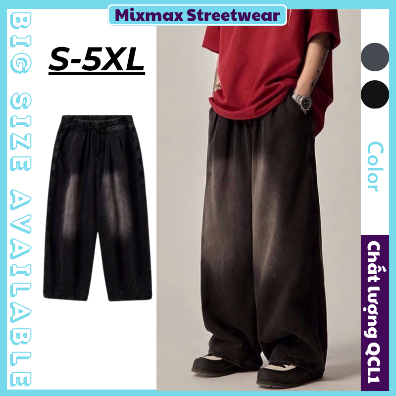 [SẴN-CÓ BIG SIZE+ẢNH THẬT] Quần bò jeans ống rộng wash ombre trơn màu retro cạp chun oversize Nhật Bản hiphop unisex