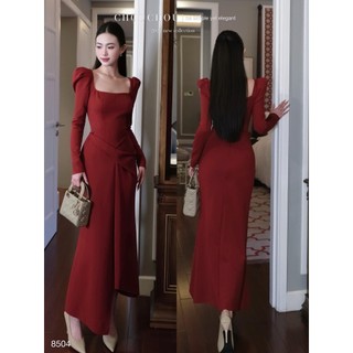 Váy cổ vuông dài tay chiết eo dáng đuôi cá, Đầm vai bồng tay dài body sang chảnh hàng cao cấp