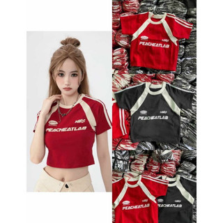 KCS⭐Áo croptop gân phối sọc thể thao🔉