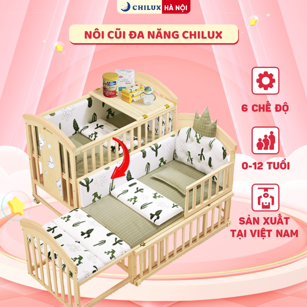 Nôi cũi đa năng Chilux 6IN 1 - Combo trọn bộ quây đệm hoàng gia và đệm xơ dừa