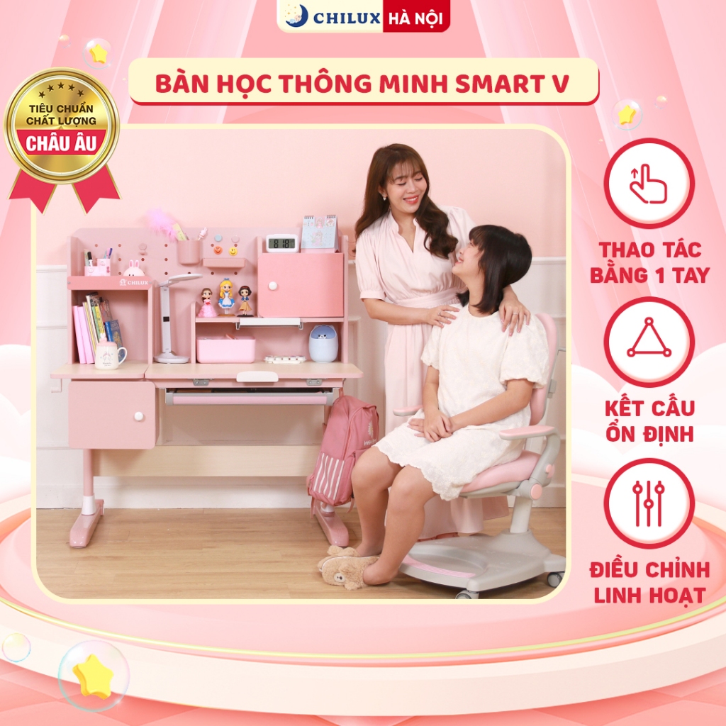 Bàn học cho bé thông minh Chilux Smart V - Cao cấp, chống gù, chống cận, có đồng hồ báo giờ