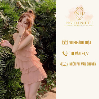 [Ảnh thật] [Hàng sẵn] Đầm yếm voan tầng hồng nhạt hàng QC