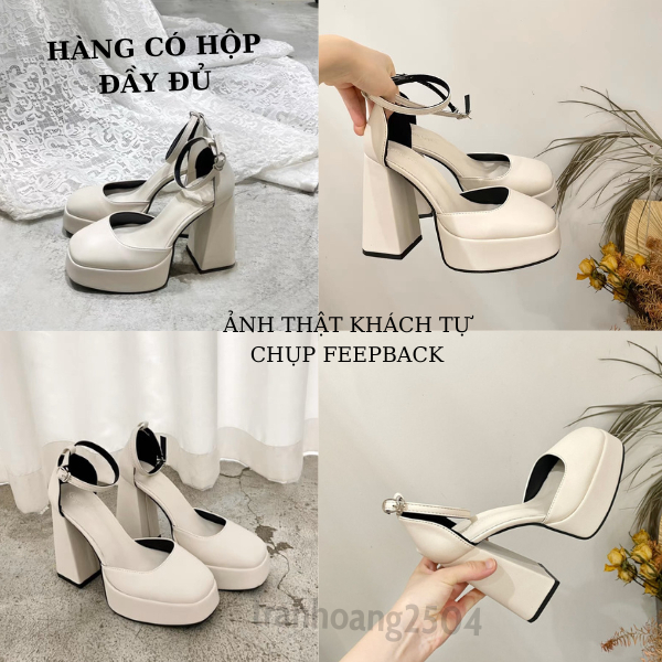 Giày cao gót nữ Barbie da lì đế vuông cao 12cm hai màu trắng kem, đen