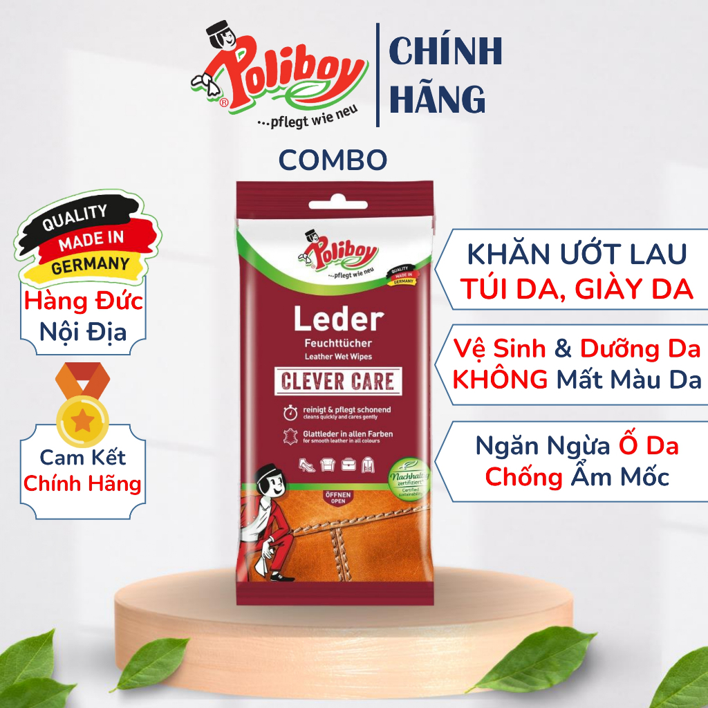 Combo Khăn Ướt Lau Giày Da, Phục Hồi Túi Da POLIBOY Tẩy Mốc Túi Da, Chống Mốc Túi Da, Vệ Sinh Giầy Da, Gói 20 Tờ