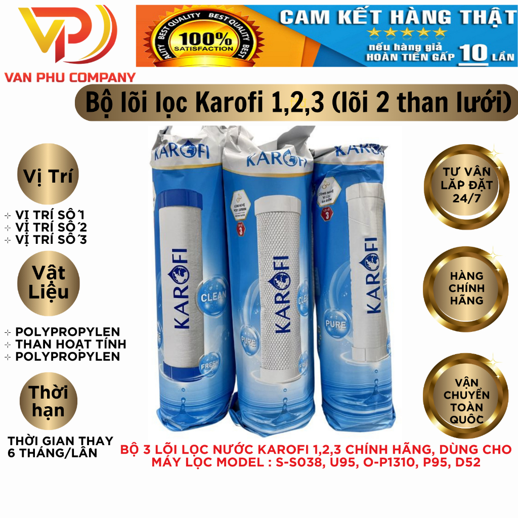 Bộ lõi lọc Karofi 1,2,3 Dùng cho các máy lọc nước Model: S-s038, O-P1310, D52, U03, U05, U16, U19, U93, U95, P95.vv..