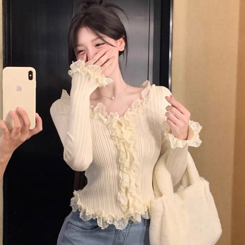 [ẢNH THẬT] SẴN Áo dệt kim cardigan cổ viền phối bèo dài tay bánh bèo Y2K tiểu thư Retro xuân thu dáng ôm vừa ulzzang