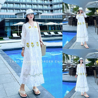 Đầm baby doll hoa thêu dài tay