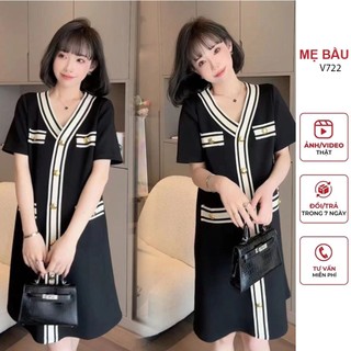 ĐẦM VÁY BẦU CÔNG SỞ MÙA HÈ STYLE HÀN QUỐC TRẺ TRUNG V722 CỔ V PHỐI VIỀN ĐEN TRẮNG SANG CHẢNH - ĐẦM XINH FREESIZE
