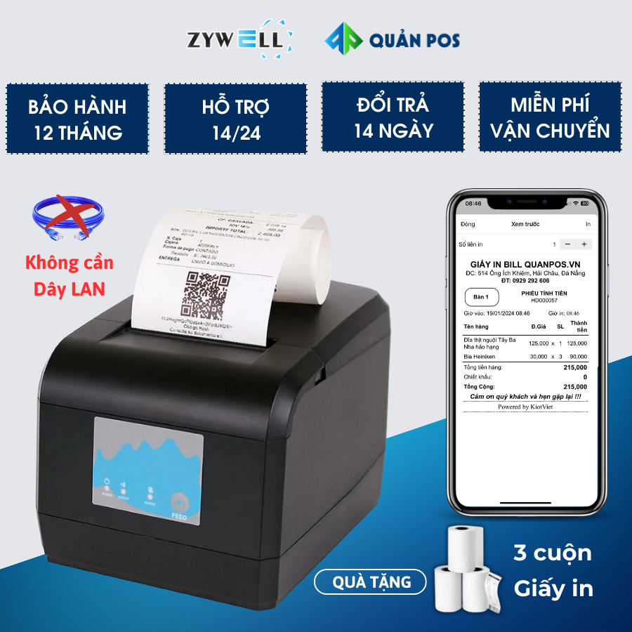 Máy in hóa đơn Wifi Zywell Zy908 - Máy in hóa đơn nhiệt không dây kết nối điện thoại