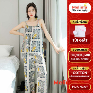 Bộ đồ ngủ hai dây mặc nhà quần dài suông rộng vải Cotton tự nhiên mềm mịn thoáng mát mã VABD0123