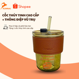 Ly uống nước bằng thủy tinh kèm nắp, có ống hút và bao da đi kèm 450ml Konnai Coffee