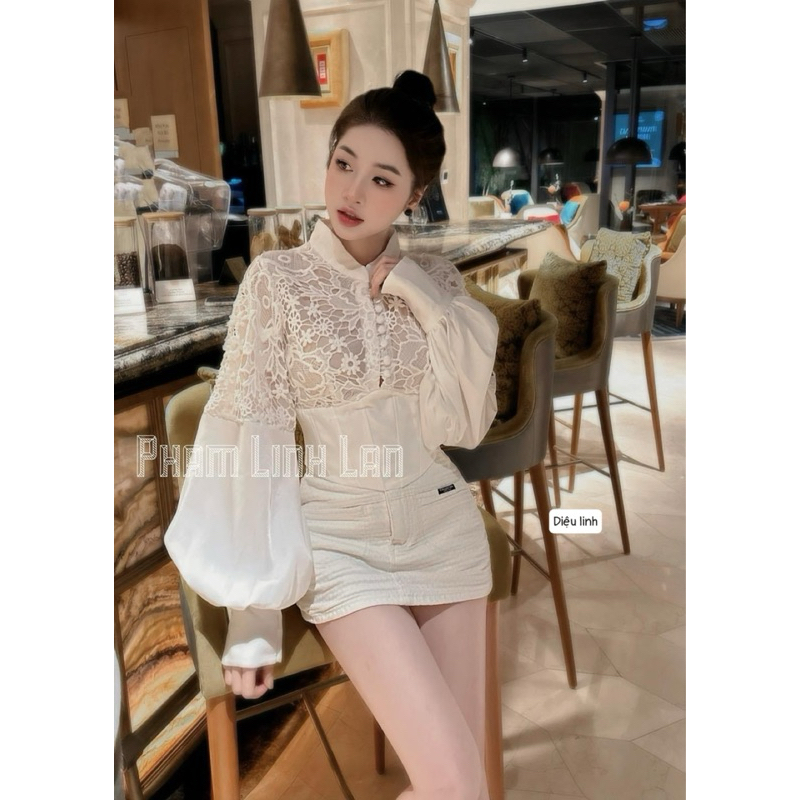 Áo sơmi ren tay bồng eo nẹp gọng siêu gọn bụng