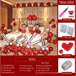 Tổng hợp các Set bóng bay trang trí phòng cưới tân hôn happy wedding siêu lãng mạn, tặng đủ đồ bơm băng dính
