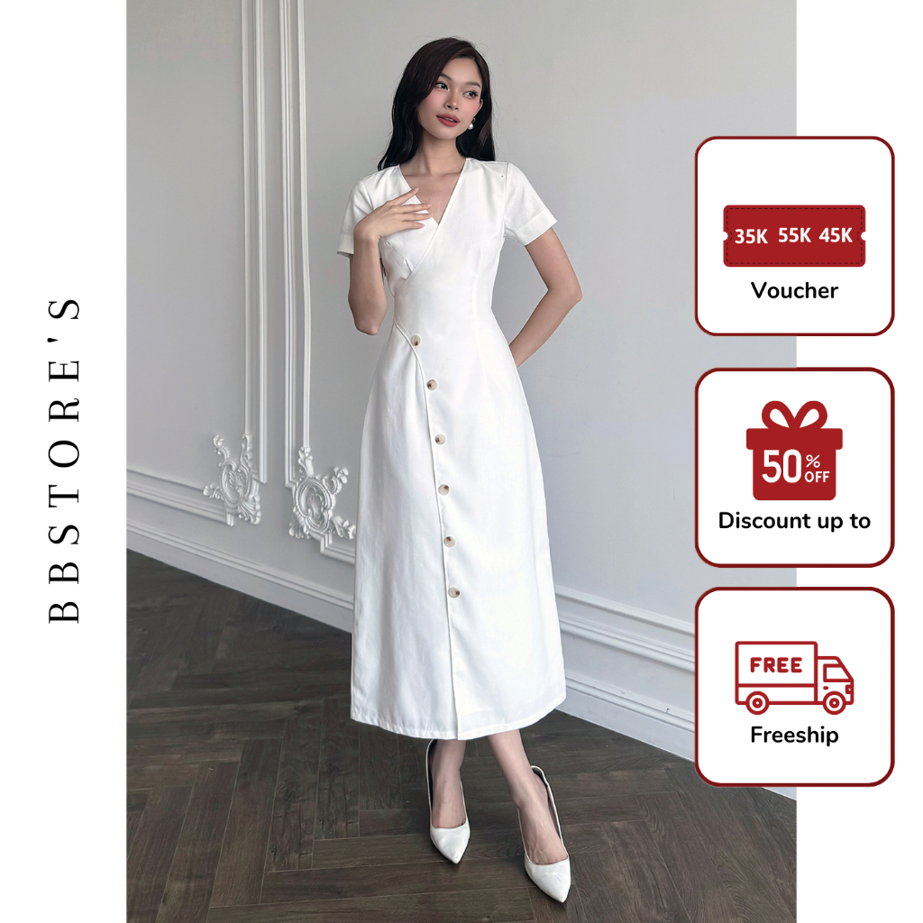 Đầm Dài Công Sở Cổ V Phối Nút Cột Nơ Lưng Thời Trang Đi Làm Dự Tiệc BBSTORE'S -D3097