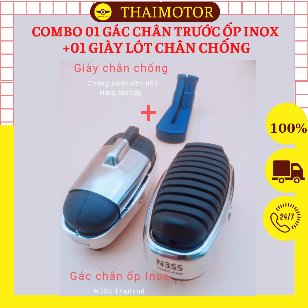 Cao su gác chân trước ốp inox + Tặng bọc chân chống, gác chân cup 125, gác chân trước N3SS Thailand lắp xe máy số.