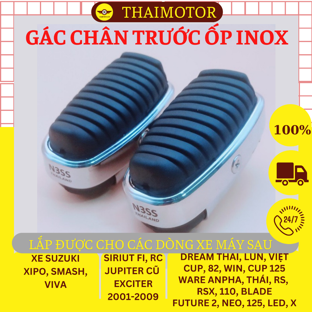 Gác chân trước ốp inox + Bọc chân chống, cao su trước, gác chân cup 125, gác chân trước N3SS Thailand lắp các xe máy số.