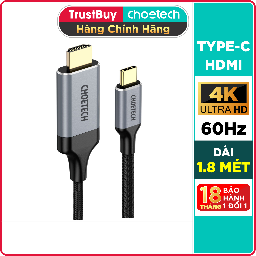 Cáp HDMI Type C 4K 60Hz Dài 1.8M, Dây Nylon Dù Thunderbolt 3 CHOETECH CH0021 - Type c to hdmi cable