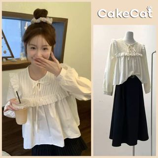 Áo Babydoll Viền Ren Buộc Nơ Cổ Phong Cách Retro Áo Sơ Mi Dài Tay Đi Học Dáng Freesz Cakecat