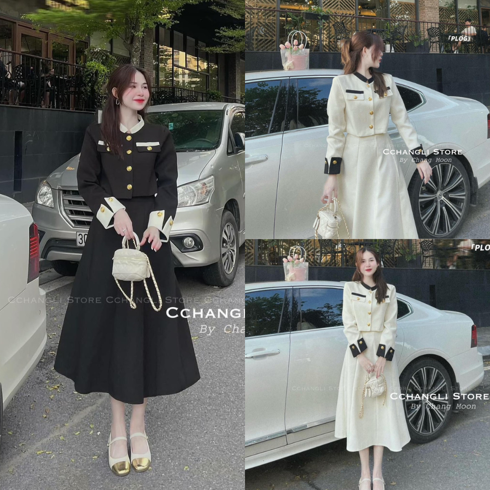 Set Dạ Tiểu Thư - Bộ đồ dạ dáng dài áo khoác cổ tàu, cúc đồng tổ ong mix chân váy xòe min_shop_1512