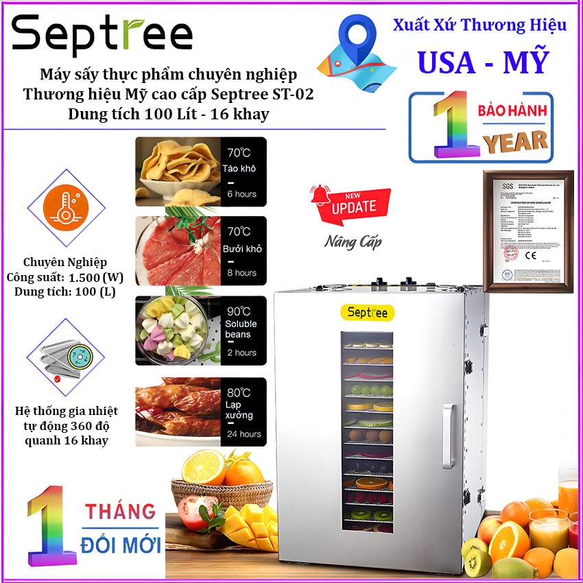 Máy sấy thực phẩm chuyên nghiệp dung tích 100 lít, 16 khay. Thương hiệu Mỹ cao cấp Septree ST-02