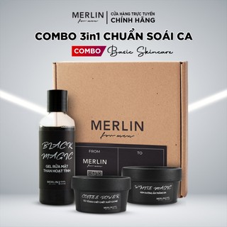 Combo dưỡng da sáng mịn Merlin For Men - Gel rửa mặt than hoạt tính, Tẩy tế bào chết chiết xuất cà phê và Kem dưỡng ẩm t