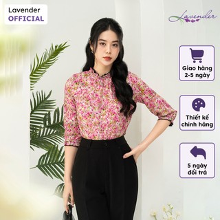 Áo sơ mi công sở nữ lavender họa tiết hoa cổ bèo lé đen a2993